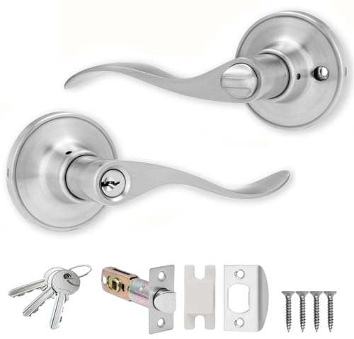 XFORT Cabriole Entrance Knob Set Satin Chrome, Door Knob with Lock for Internal Wooden Doors, Complete Set with Tubular Latch and 3 Keys.