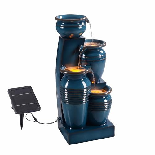 Fuente de Agua Solar en Cascada de 4 Niveles, Luces LED, 28.74, Azul. Ideal para Jardines, Patios, Balcones. Marca Teamson Home.