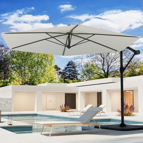 COSIEST 9FT Offset Patio Umbrella, Cantilever Hanging Outdoor Umbrella w/360-degree Rotation, Handy Crank, UV & Waterproof Canopy, 6 Ribs for Market, Backyard, Poolside, Garden