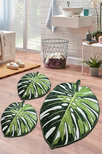 miqna Monstera blad badmatta set 3 delar halkfri badrumsmatta set tvättbar badrumsmatta set grön (laptel, 60 x 100 cm – 50 x 60 – 50 x 60 cm)