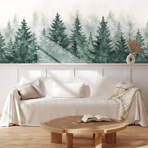 MUDECOR Wall Mural Serene Pine Forest Nature Wilderness Vintage Illustrations Not Peel and Stick, Non-Woven Wallpaper Wall Decoration for Bedroom Living Room - 48x192