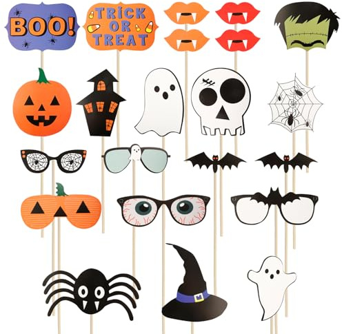 Tabanzhe 22PCS Halloween Photo Booth Props,Funny Pumpkin Ghost Spider Web Skull Halloween Party Decoration Set,Fancy Paper Prop Kit Decorative Party Supplies for Kids Adults(Style A)