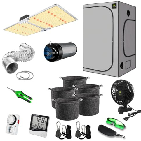 Canna4Home Grow Zelt Komplettset 100 x 100 x 200cm grau Anbau Set Gewächshaus mit dimmbarer LED Vollspektrum Grow-Lampe, mit Abluftset, Pflanztöpfe, Clipventilator und Zubehör Homebox Zuchtzelt