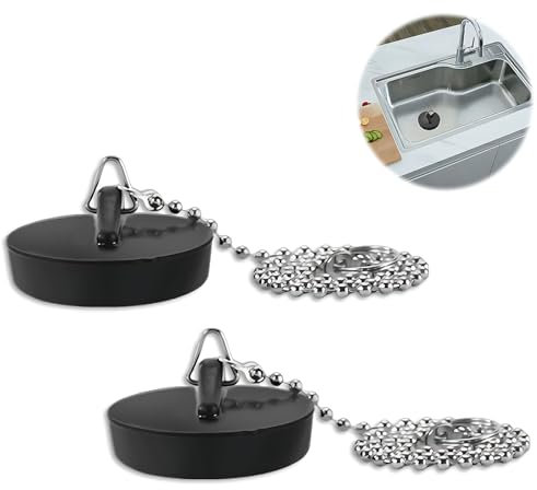 (2 Pack) Universal Rubber Bath Plug and Chain,Universal bath plug with Chain Bathroom Sink Plug,Bathroom Sink Plug Drain Stopper 40mm with Stainless Steel S Hook Chain 400mm,for Bathroom Kitchen