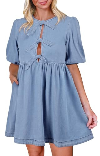 Qazel Vorrlon Denim Dress for Women Puff Short Sleeve Babydoll Jean Romper with Pockets Summer Casual Blue Dresses 2025 Trendy