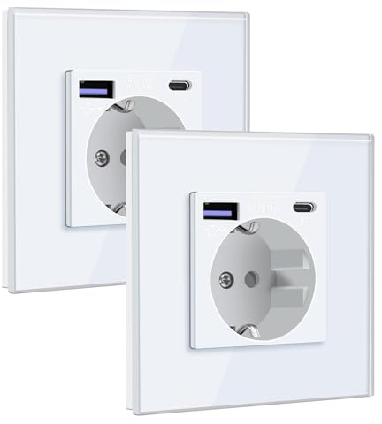 BSEED Schuko Steckdose mit USB C 20W Schnellladegerät USB Type C Wandsteckdose mit Glas Panel,Unterputz, Einbausteckdose Geeignet für Phone, Pad,MP3 und mehr-Weiß, 2 Stück