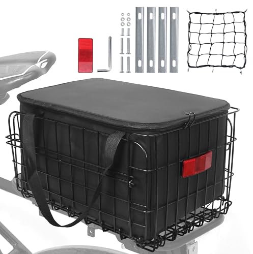 Folding Bike Basket Rear, Bike Rear Rack with PU Waterproof Liner Bag and Net Cover, Bicycle Baskets for Adult/Kids Bikes, Panniers Bike Bags of Bicycle Accessories