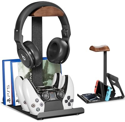 viozon Headset Halterung und Laptop Ständer, Schwarznuss, All-in-One Tisch Organizer für Gaming Arbeitsplatz, Controller Halterung kompatibel mit iPad, Switch, AirPods Max, Sony, Razer, Gaming Zubehör