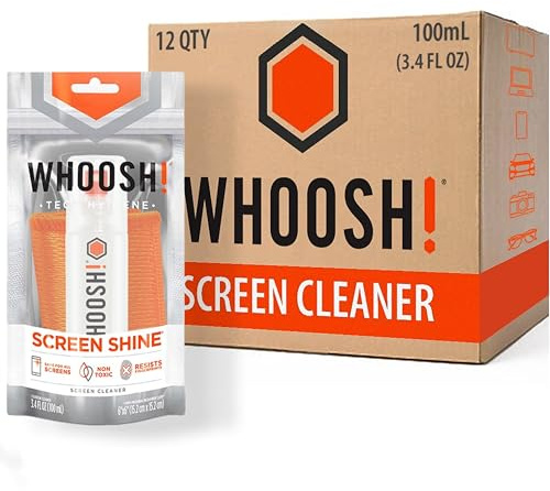 WHOOSH! Lot de 12 sprays de nettoyage pour écran et chiffon XL 100 ml + 1 chiffon en microfibre – Nettoyage d'écran – Pour voiture, ordinateur, ordinateur portable, iPad, MacBook, téléphone portable,