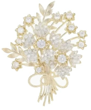 Broche Femme Elegante Chic Acier Doré et Oxydes de Zirconium, Bouquet de Fleurs, Baroque, Epinglette Style Accessoire pour Vetement Veste, 5 x 4 cm