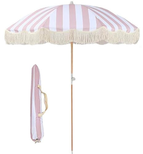 Tilting Sunshade Umbrella with Tassel 180cm Retro Garden Parasol in Pink Stripes Beach Patio Umbrella with UV Protection Solid Wood Shaft No Base Included