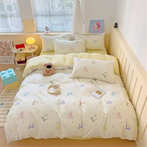 ZBOOM Bettwäsche 140x200cm Bunt Schleifen Polka Dot Bettwäsche Set 2 Teilig Gelb Wendebettwäsche Microfaser Mädchen Bettbezug mit Reißverschluss und Kissenbezug 70x90cm