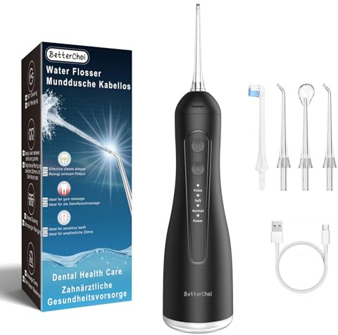 Betterchoi Idropulsore dentale portatile per adulti, Pulizia denti tartaro, Irrigatore orale, Irrigatore Dentale, Water Flosser Dentale, Ricarica USB di Tipo C per Casa e Viaggi, Nero