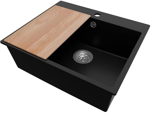 PRIMAGRAN Lavello da Cucina Nero 58x50cm, Lavandino in Granito a 1 vasca + Sifone Classico + Tagliere, Lavabo Incasso al mobile 60cm - Riga S190