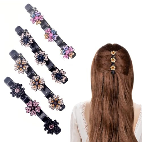 GGUFAY Lot de 4 Barrettes à Cheveux Colorées à Double Couche avec Strass, ，barrettes à cheveux en cristal étincelantes avec fleur de cristal, nouvelles pinces à cheveux en forme de fleur, convient
