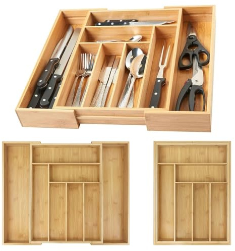 JAOSY Wooden Bamboo Cutlery Tray 6-8 Compartments Cutlery Drawer Organiser Expandable Utensil Tray for Kitchen Silverware and Flatware Holder for Spoons Forks Knives, 32-52 x 43 x 5cm