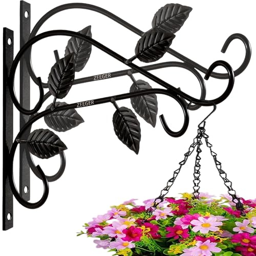 ZEECER Hanging Basket Bracket, 2 Pack 12 Inches Leaf Shape Hanging Basket Brackets Outdoor, Rust-Proof Metal Wall Hooks for Plant Flower Lantern Bird Feeder
