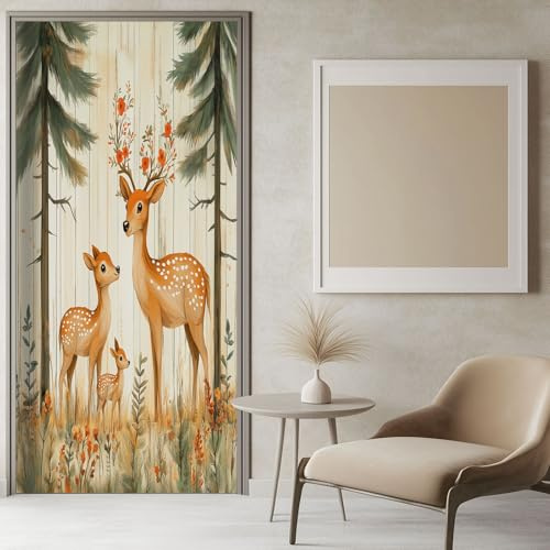 Tür Tapeten Selbstklebend Wald Tier Hirsch 77x200 cm Beige Türposter Türaufkleber Wasserdicht Abnehmbare Vinyl Türfolie Fototapete Diy Wandbild Schlafzimmer Badezimmer
