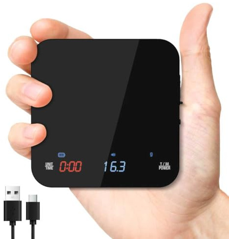 [4 lägen] Diyife digital minikaffevåg med timer, 0,1 g uppladdningsbar bärbar espresso-våg, tredelad skärm, självstartande, tyst och pip, för pour over