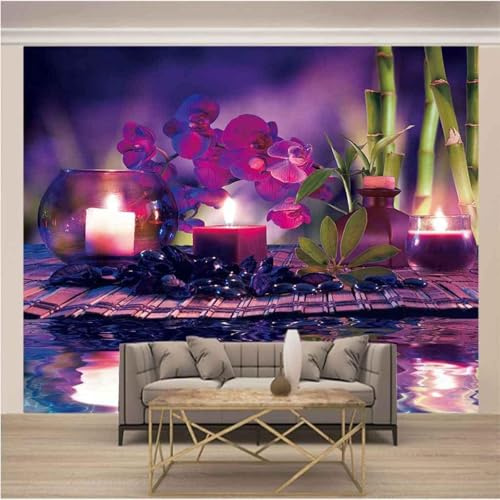 XLMING Cube Fleur Violette Bougie Feuilles Vertes 3D Papier Peint Luxe Décoration Manger Adulte Intérieure Salon Canapé Chambre Fond TV Mur-430cm×300cm