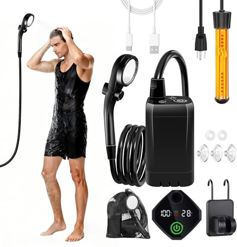 Mieligo Camping Shower with Heater Portable – 6000mAh Rechargeable Hot Water Shower Pump with LED Display, 3 Spray Modes, for Outdoor Camping, RV, Pet Bath, Car Wash, Travel