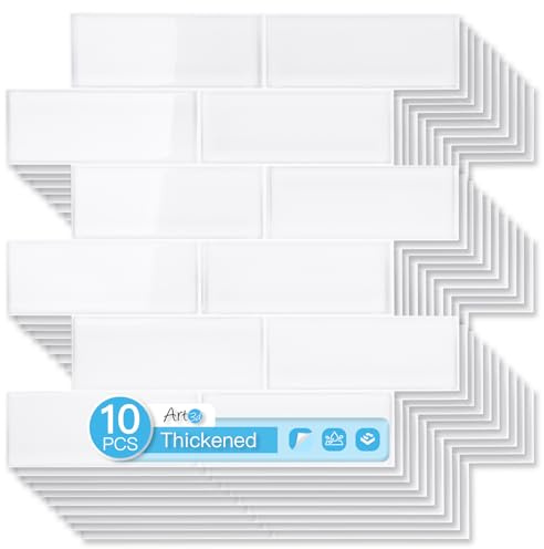 Art3d 10-Pack Heavy-Duty Peel and Stick Backsplash, 12 x 12 Inch Vinyl Seaglass Subway Design Stick on Wall Tile for Kitchen Living Room Home Decor, White