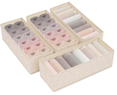 Fammio Schubladen Organizer für HEMNES 160 cm Kommode – 4er Set Aus Polyester und Leinen, Waschbar, Beige – Praktischer Kleiderorganizer für Haushalt, Babykleidung, Socken