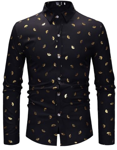 Camicia da uomo con stampa dorata, a maniche lunghe, slim fit, casual, per il tempo libero, camicia estiva, O nero., L