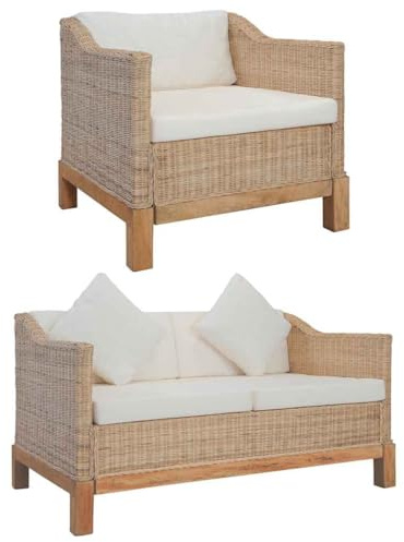 ROMHZKS Rattan Sofa Set 3-teilig mit Sessel und 2-Sitzer Sofa, Echt Rattan Möbel Garten Sofagarnitur, Waschbare Bezüge, Robuster Holzrahmen, Bequem und Langlebig für Innen-