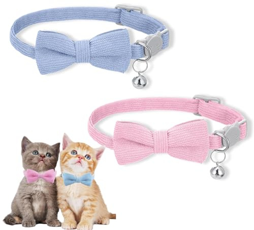 fKiZanthene Katzenhalsband mit Glöckchen und Schleife in Rosa und Blau, Verstellbares Halsband Katze für Alltag Zuhause Outdoor und Nachbarschaft