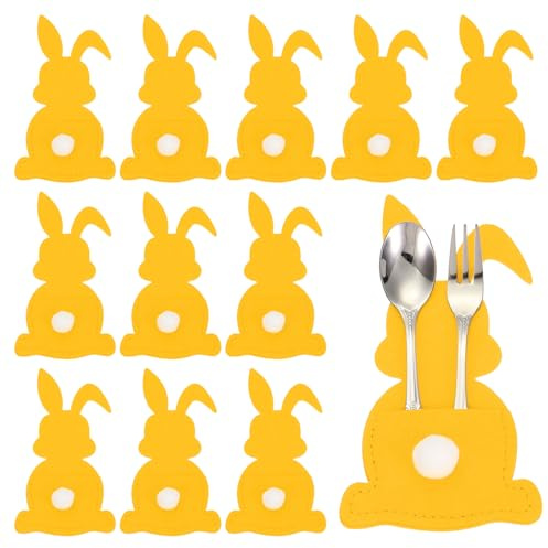 QUARKZMAN 36Pcs Porte-Couverts Lapin De Paques, 15x8cm Housse De Couverts en Feutre pour Couteaux Fourchettes Decoration De Table Mariage Anniversaire Fete, Jaune