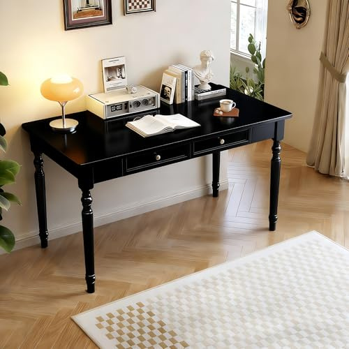 FUKEFUZ Scrittoio in Legno Massello Stile Shabby Chic, Tavolo Consolle con Gambe Tornite e 2 Cassetti, Scrivania Vintage per Camera da Letto e Ingresso, Legno di Hevea(nero,W/o CHR,39.4in)