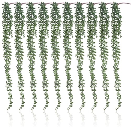 AHANDMAKER 10Pcs Artificial Succulents Hanging Greenery Plants 26 Fake String of Pearls Plants Faux Hanging Wall Plants for Wall Home Kitchen Office Garden Basket Outdoor Decor Decoration