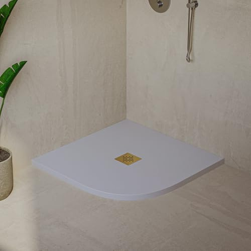 Piatto Doccia Semicircolare SOULHOME Resina e Carica Minerale Antiscivolo 80x80 cm Bianco - Griglia DORATA