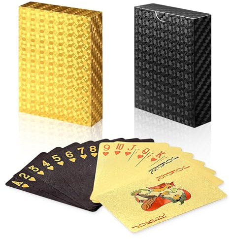 2 Jeux de Cartes Noir & Or, Cartes Poker 100% Étanches en Plastique, Jeux Professionnels pour Magie, Blackjack & Toutes Fêtes, Idéales pour Noël & Halloween