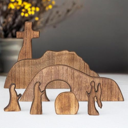 The Empty Tomb Easter Scene,He is Risen,Gesù Natività Resurrezione Figurine Set Con Croce in legno, Set Presepe in legno, per casa, ufficio, tavolo, mensola, Mantello Decor - Regali religiosi