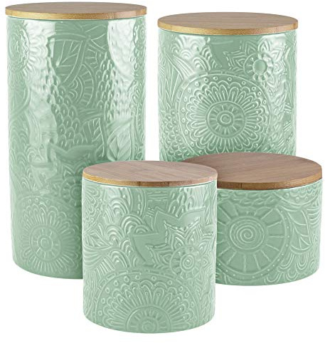 American Atelier 1182486-RB Embossed Canister 4-Piece Ceramic Set Jar Container with Wooden Lids for Cookies, Candy, Coffee, Flour, Sugar, Rice, Pasta, Cereal & More Sage