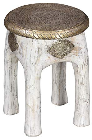 Casa Moro Orientalischer Sitzhocker Hiya Weiß Gold Höhe 45 x Ø 34 cm rund Massivholz mit Messingintarsien verziert | Kunsthandwerk Pur | Vintage Holz-Hocker Boho Chic Beistelltisch | MA13-25W