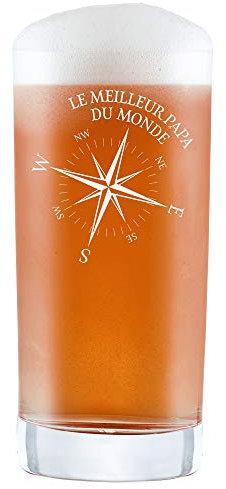 AMAVEL Verre à Bière Artisanale, Longdrinks ou Cocktails avec Gravure, Rose des Vents, Papa du Monde, Fête des Pères, 0,5 L