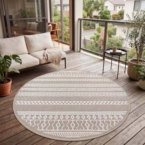 Paco Home Outdoor Teppich, Wetterfest, UV-beständig & Pflegeleicht, Flachgewebe Modern Boho-Style. Ideal für Terrasse Balkon Wohnzimmer & Küche, Grösse:160 cm Rund, Farbe:Beige