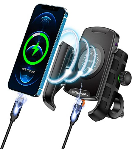 iMESTOU Motorrad Kabellose Telefonhalterung Ladegerät USB C Lenker Telefonhalterung Funktioniert mit 12/24V Motorrad oder durch Einstecken in die USB A Buchse Universal für 4-7 Zoll Handys