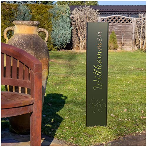 teileplus24 GS01-HH-1 Willkommen Gartenstecker Gartenschild | Schwarz Garten Deko | 3D Abkantung | 120cm x 21cm