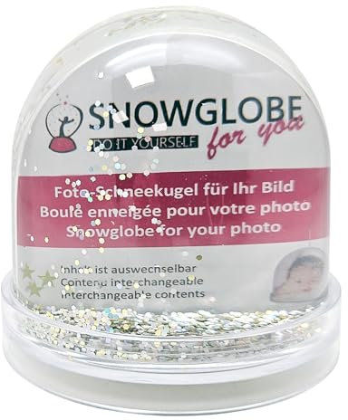 Foto-Schneekugel groß | Inhalt Silber und Gold Glitzer | mit 2 x Bild | Sockel transparent | B: 9 cm H: 8 cm| 2 Malvorlagen | Foto-Geschenk Bilderrahmen | 50010