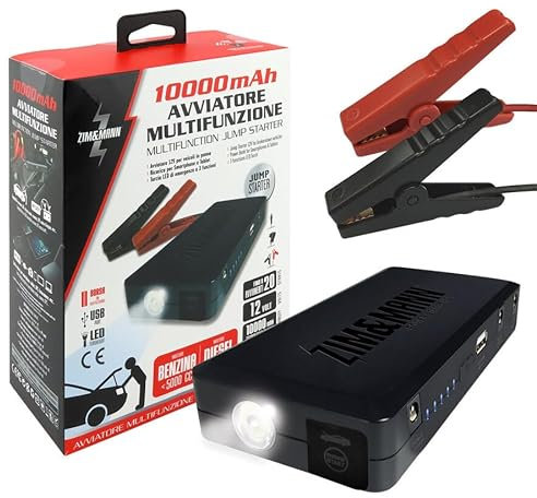 Zim&Mann Booster avviamento Avviatore di Emergenza Portatile 12V per Auto, Moto, Fino a 5.0L Benzina/3.0L Diesel | Power Bank 10000mAh con Torcia LED | Morsetti di Sicurezza