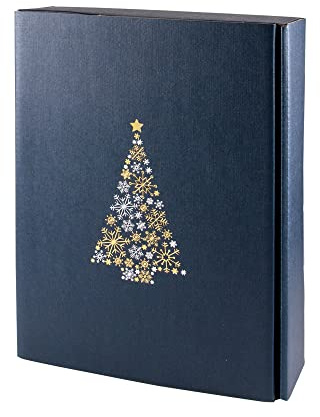 5x Wein Geschenkkarton Weihnachten, für 3 Flaschen, Blau & Gold, Weihnachtsbaum Motiv, hochwertige Leinenstruktur