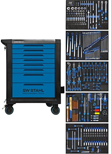 SW-Stahl Z3110 Profi Werkstattwagen TT801 blau I 8 Schubladen I 5 Schubladen gefüllt I 341 teilig I Werkstatt Rollwagen mit Werkzeug bestückt I Twin-Lock I Werkstattwagen kit I voll ausgestattet