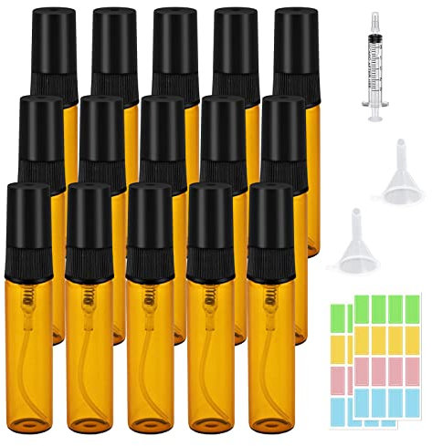 15 Pcs Glass Perfume Atomiser Refillable,Portable Mini Empty Spray Atomiser Bottle Reusable Travel Fragrance Glass Bottles for Essential Oil Hair Aromatherap Perfumes (5ml, Amber+Black)