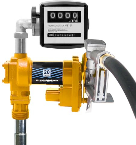 20GPM 12V DC Fuel Transfer Pump Gasoline Pump with Nozzle Kit for Gas Diesel Kerosene Yellow with Flow Meter