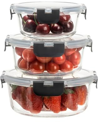 HOUSZY Stackable Round Glass Storage Containers, Set of 3, Airtight Lids | Borosilicate, non-toxic, leakproof, microwave, oven and dishwasher safe. Food storage boxes.