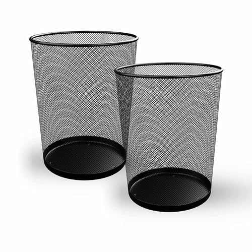 VIVAAS Round Mesh Bins Trash Can Bin Black Nonslip Waste Paper Bin 10 liters Pack Of 2 Metal Bin Indoor Waste Bin Garbage Rubbish Bin for Home, Bedroom, Office, Bathroom, Living Room, Kitchen (2)